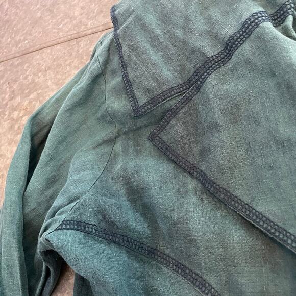 Vintage Linen Lagenlook Cropped Jacket Womens Medium Metropole Green Lightweight - Picture 3 of 11